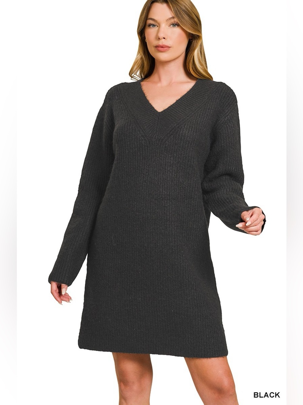 V-Neck Long Sleeve Ribbed Sweater Dress